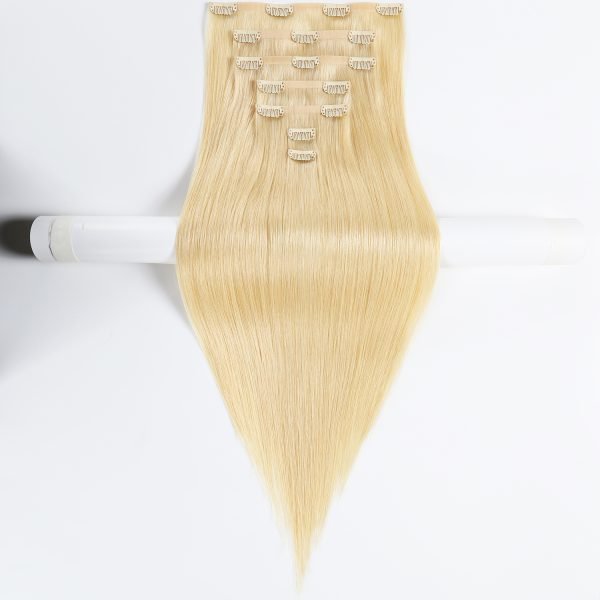 Invisible Seamless PU Clip In Hair Extensions Cuticle Aligned 613# Blonde Hair